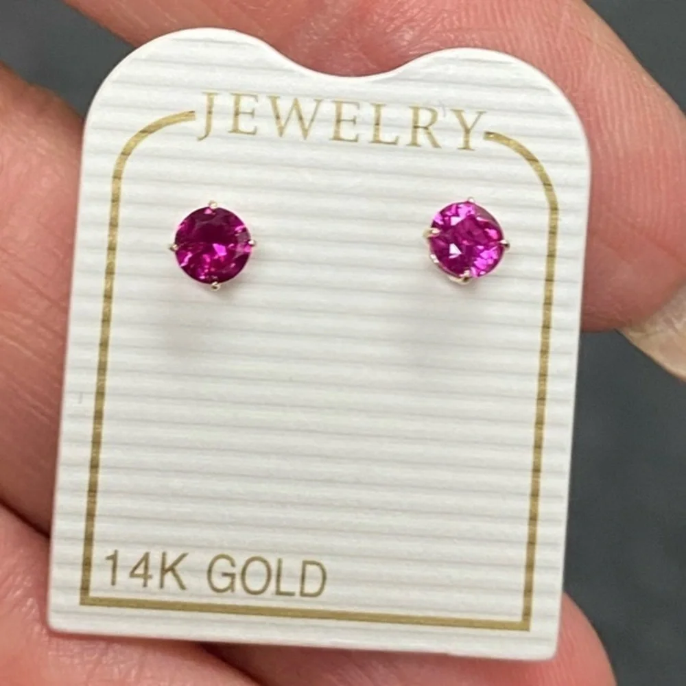 New 14K YELLOW GOLD pink cz stone Earrings 3mm Stud Earrings with Screw back